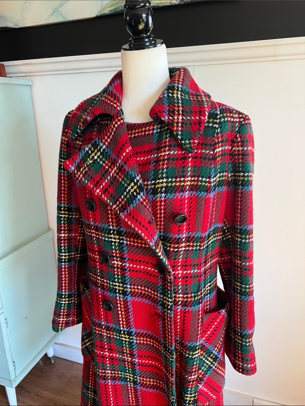 Vintage Red Plaid Double-Breasted Warm Irish Wool Coat - Picture 2 of 15